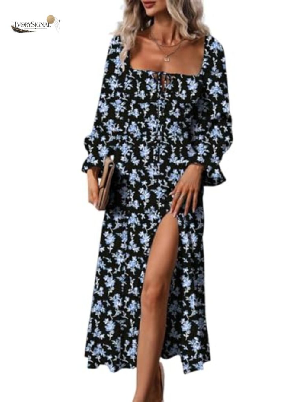 Boho Floral Midi Dress with Puff Sleeves and Side Split